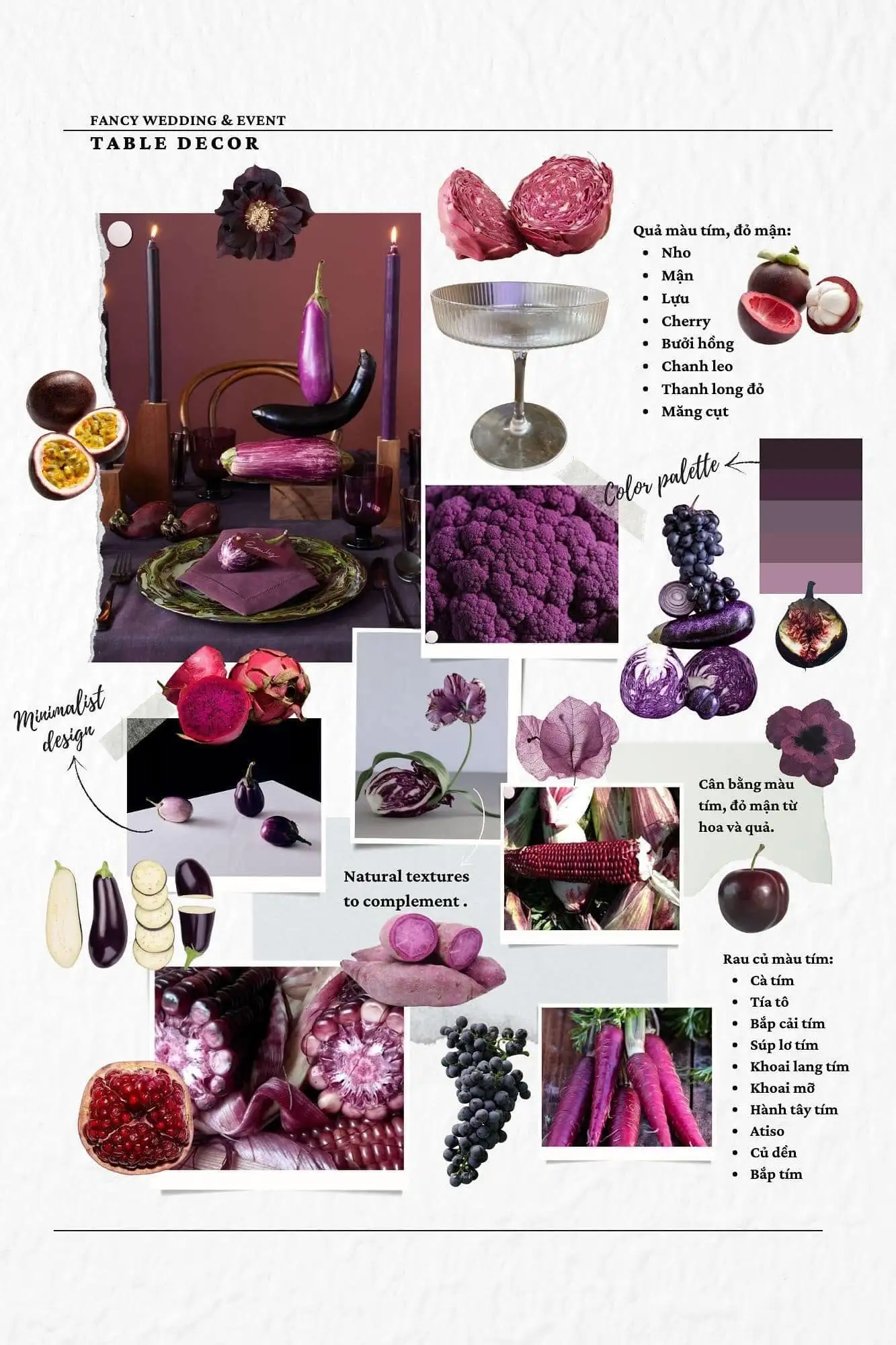 Table decor moodboard — a plum and aubergine palette drawn from fruit and vegetables