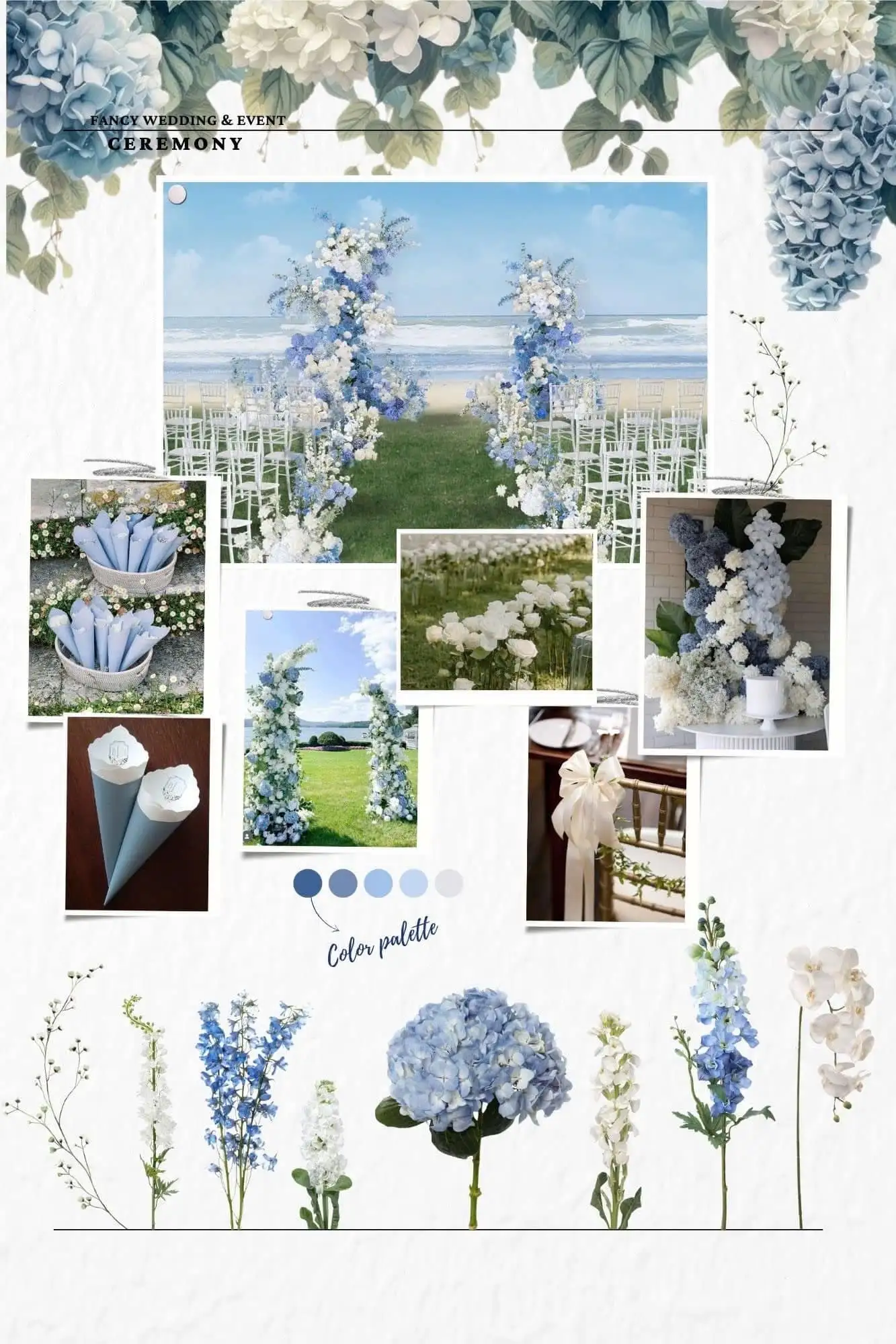 Ceremony moodboard — hydrangea and delphinium in blues and white for a beachside aisle