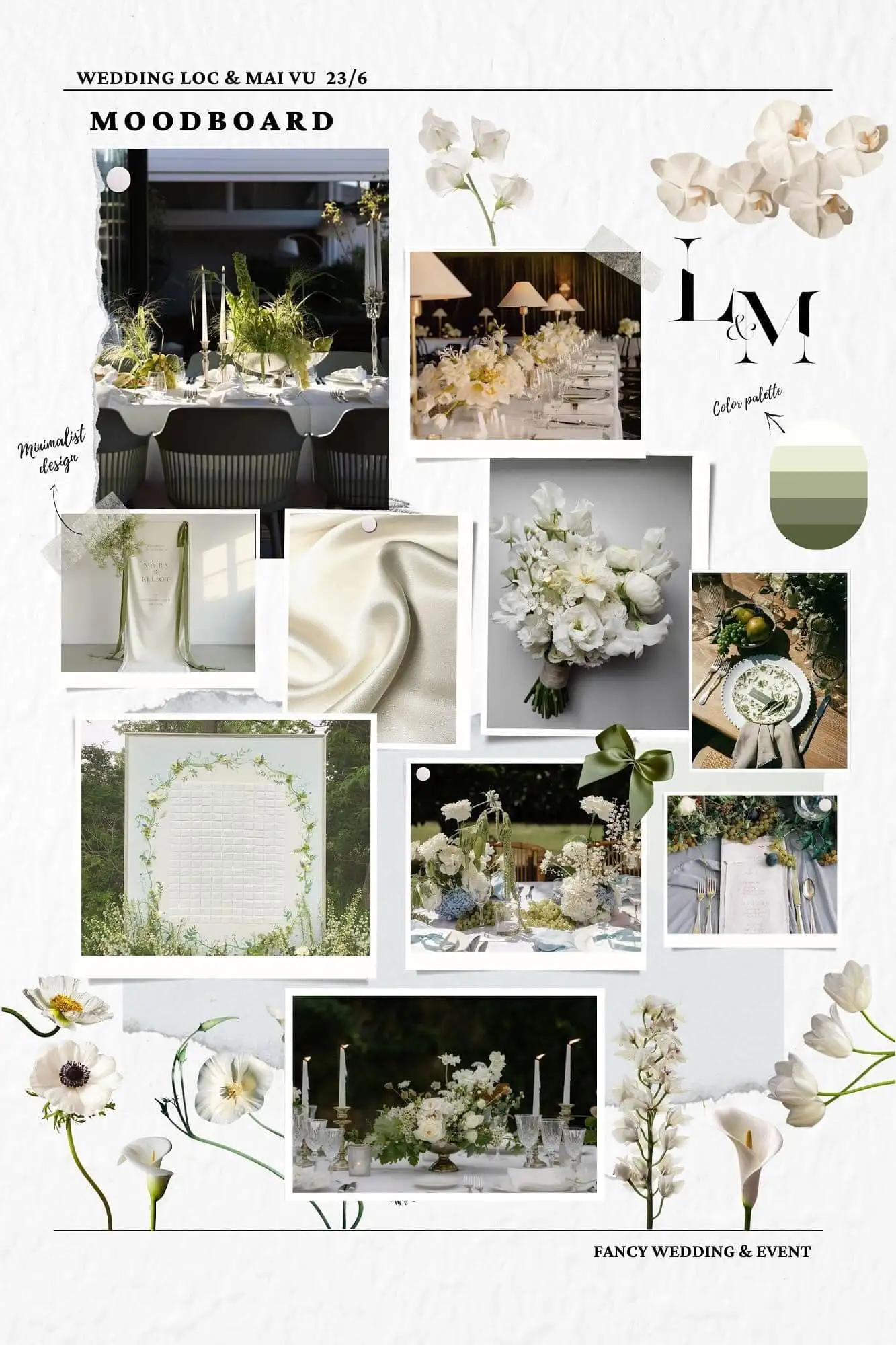Wedding moodboard — white blooms, olive ribbon and candlelit tables