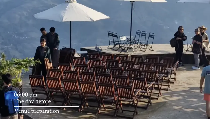 Six in the evening, the day before — the team setting out chairs for the ceremony