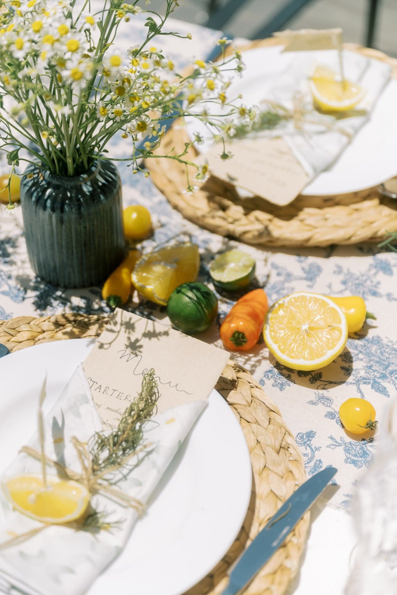 Chamomile stems in a glazed vase on a sunlit table of lemons and linen